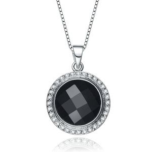 Black Agate Sterling Silver Pendant Necklace, CZ